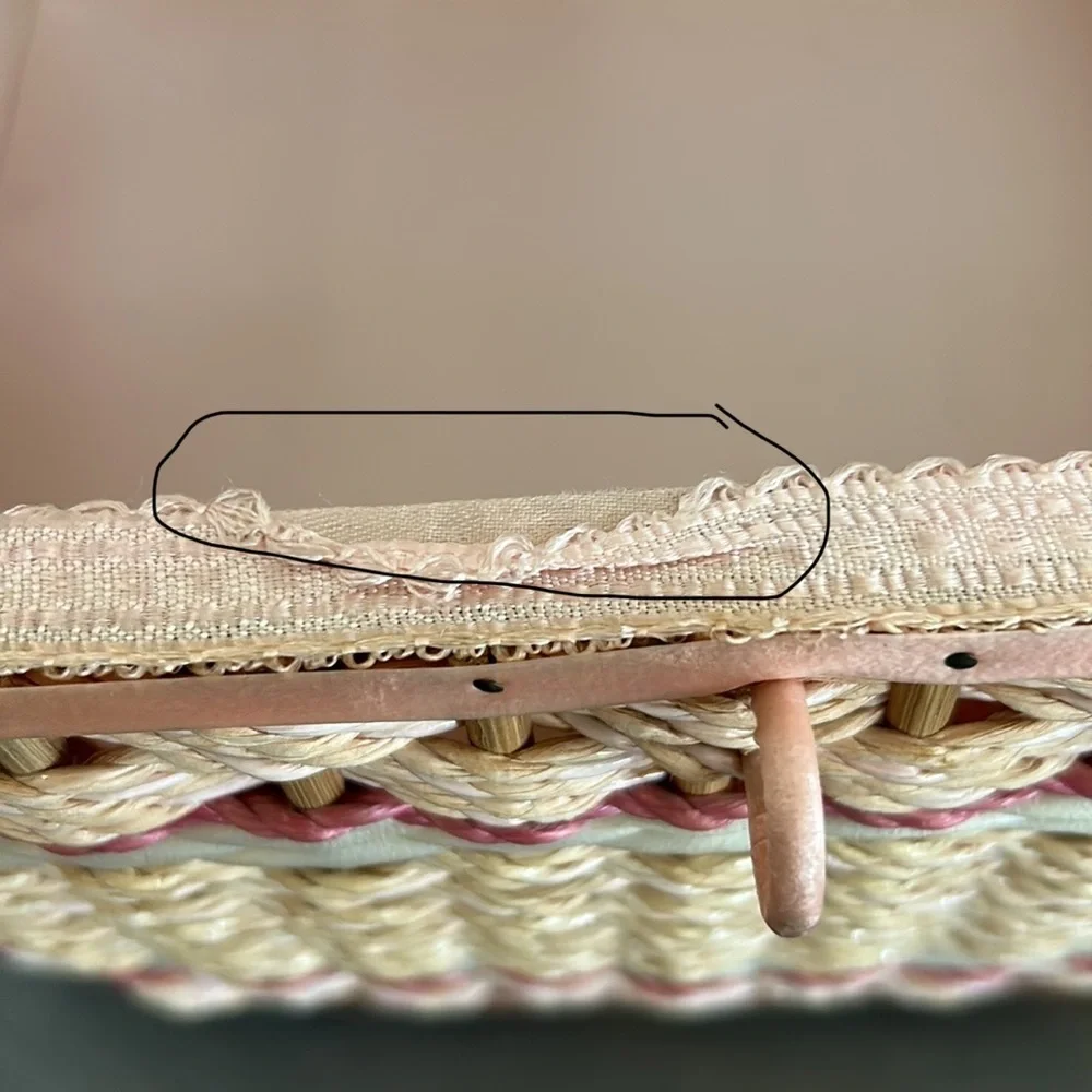 Vintage Sewing Basket Large Pink Rattan Original Clear Tray for Penny’s in Japan